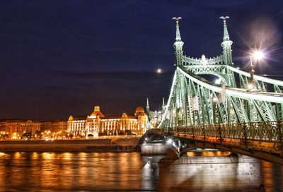 Illuminated bridge over river at night