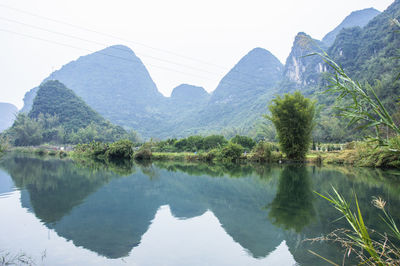 Scenic view of lake and mountains against clear sky