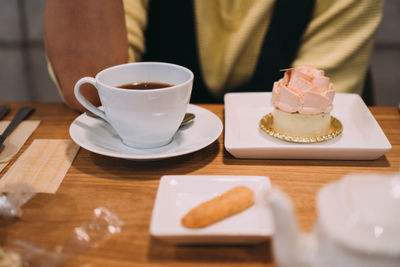 Close-up of cake served on table