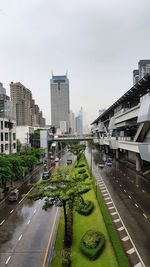 City street by buildings against sky