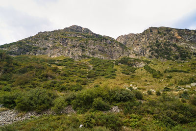 Scenic view of land and mountains against sky