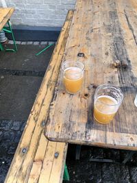 High angle view of beer on table