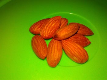 Close-up of orange slices over green background