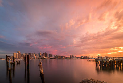 Panoramic view of city at sunset