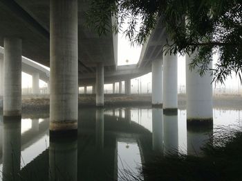 Reflection of bridge in river against sky