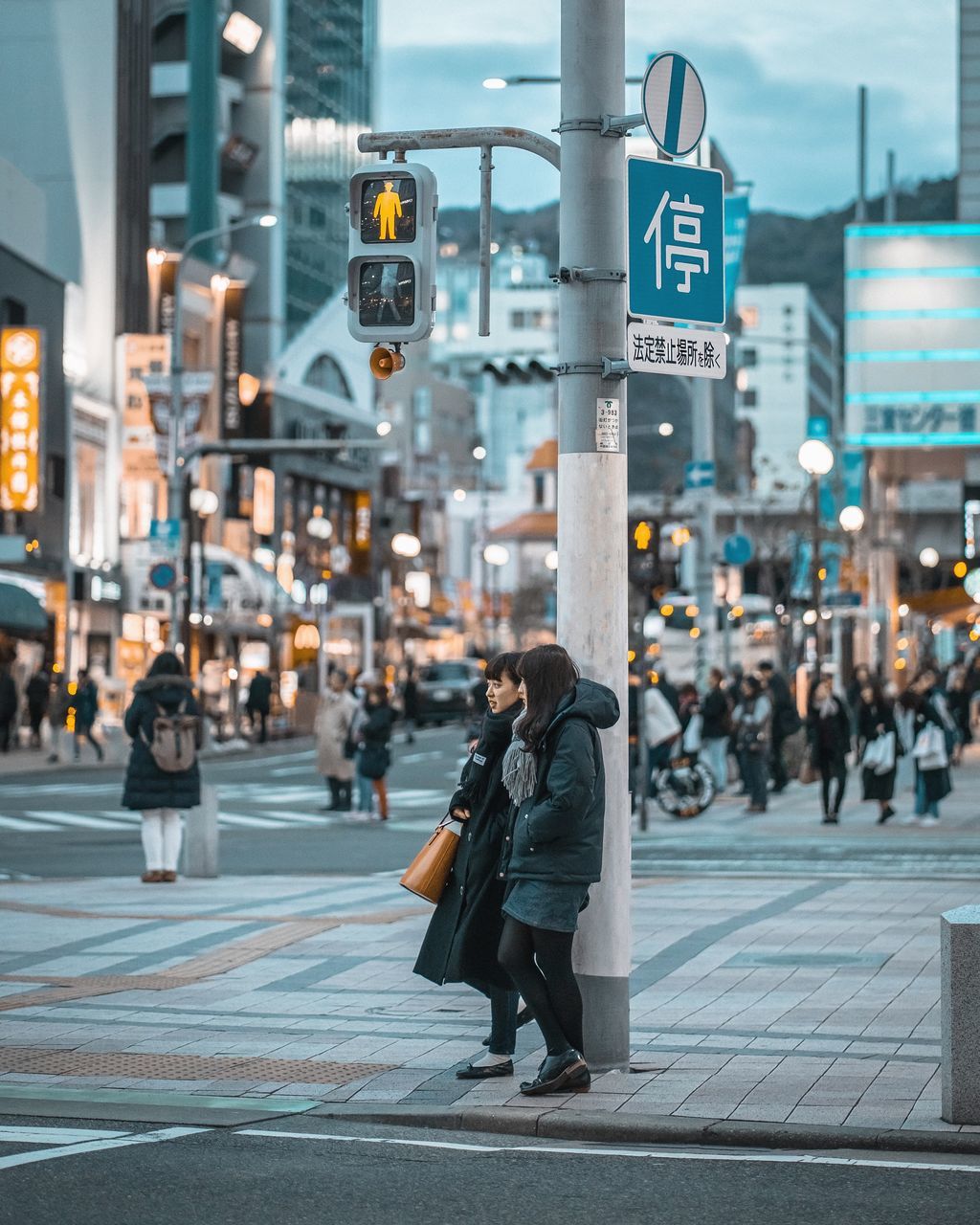 city, sign, street, architecture, transportation, crosswalk, crossing, real people, city life, zebra crossing, road, stoplight, building exterior, lifestyles, incidental people, one person, road marking, walking, built structure, full length, city street, light, outdoors, waiting