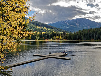 High angle view of boardwalk on lake against mountains