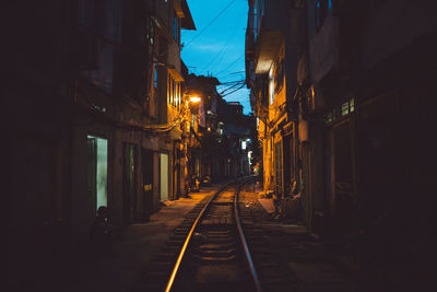 Railroad track amidst buildings against sky at night