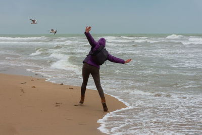 Young woman beach seagulls. cinematic neutral winter plot. a happy woman walks along a sandy.