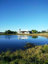 Scenic view of lake against clear blue sky