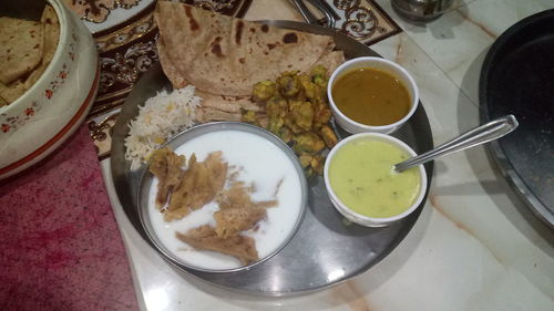 High angle view of food in plate