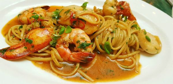 Close-up of pasta served in plate