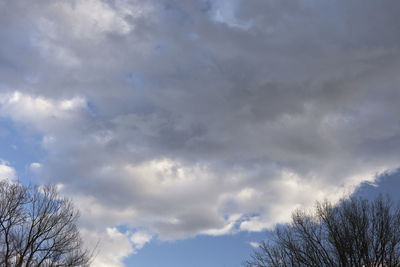 Low angle view of bare tree against cloudy sky