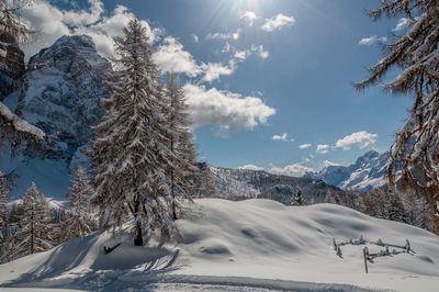 Scenic view of snow covered mountains against sky