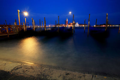 Illuminated commercial dock against sky at night