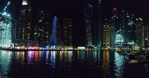 View of city lit up at night