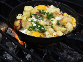 High angle view of food in cooking pan