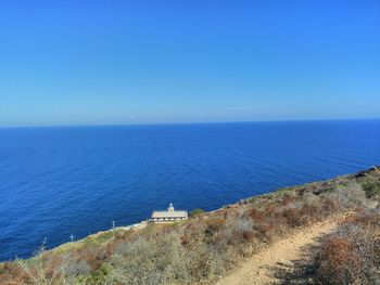 Scenic view of sea against clear blue sky