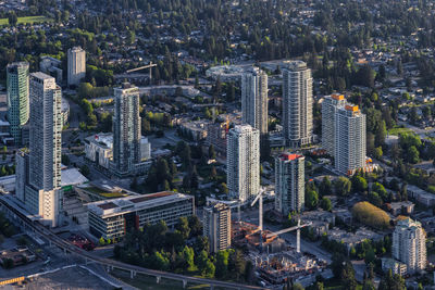 High angle view of modern buildings in city