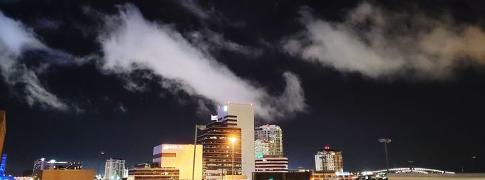 Panoramic view of illuminated buildings against sky at night