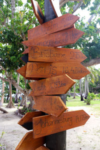 Close-up of text on wood against trees