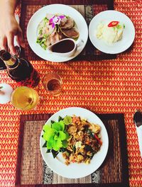 High angle view of breakfast served on table