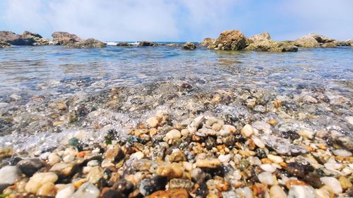Rocks on beach against sky
