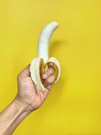 Close-up of hand holding fruit against yellow background