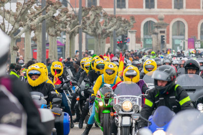 Valladolid, spain - january 11, 2020, a motorcycle parade in meeting penguins