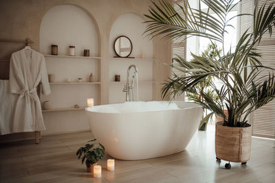 Luxury interior of big bathroom at modern african style with oval bathtub in natural lighting