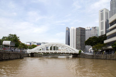 Bridge over river with city in background