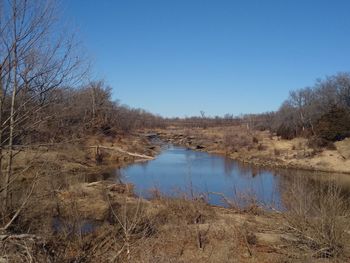 Scenic view of lake against clear blue sky