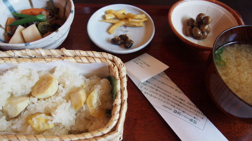 High angle view of food in plate on table