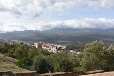 Scenic view of trees and buildings against sky