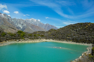 Scenic view of sea by mountains against sky