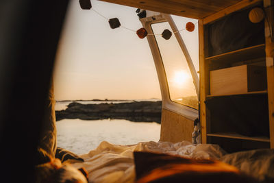 Interior of camping van during sunset