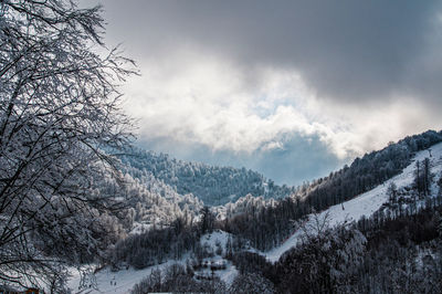 Scenic view of snowcapped mountains against sky