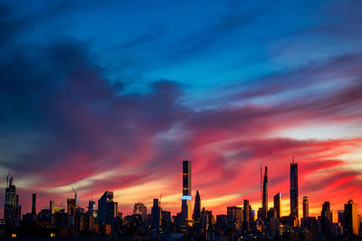 Panoramic view of modern buildings against sky during sunset