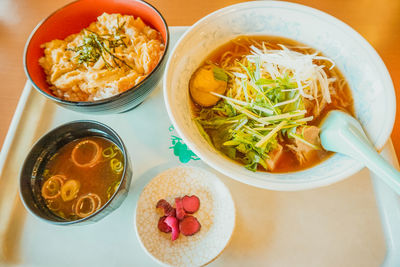 High angle view of soup served on table