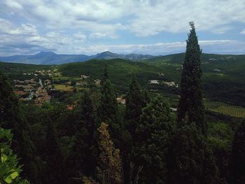 Scenic view of trees and buildings against sky