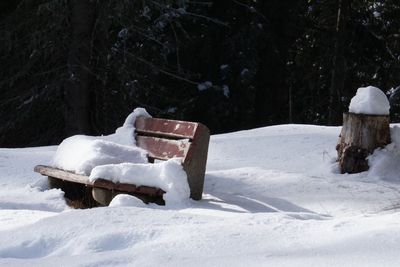 Snow covered bench on field during winter