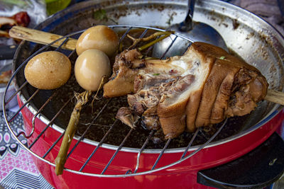 High angle view of meat in plate