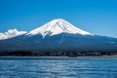 Scenic view of snowcapped mountains against blue sky