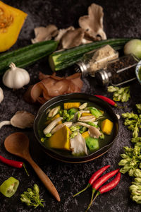 High angle view of vegetables in bowl on table