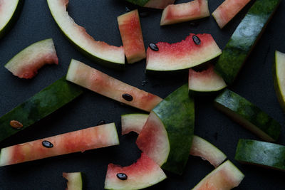 High angle view of watermelon rinds on table at home