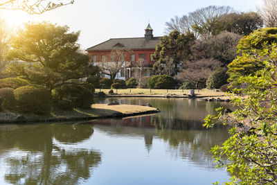 The pond of the koishikawa botanical gardens with the koishikawa annex of the university museum