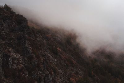 Scenic view of landscape against sky during foggy weather