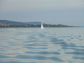 Sailboat sailing on sea against sky