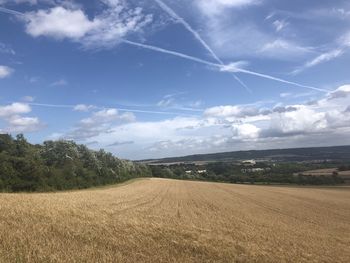 Scenic view of agricultural field against sky