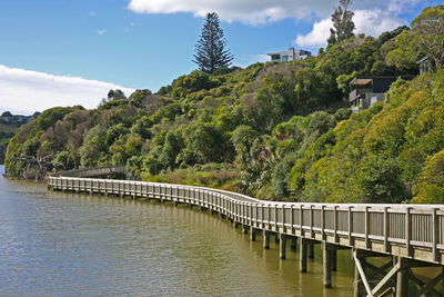 Footbridge over river amidst trees against sky